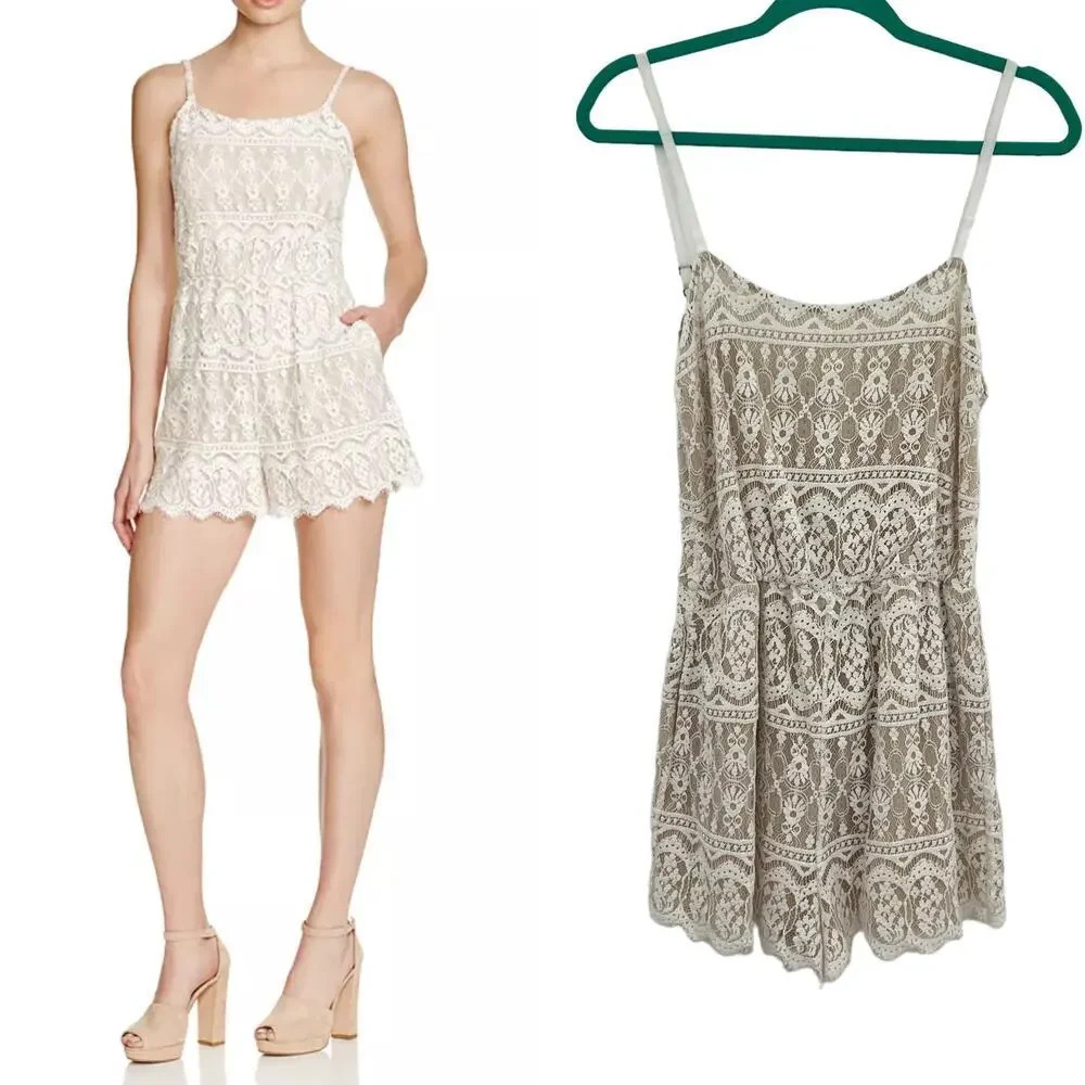 Alice + Olivia Cassia Romper Sleeveless Lace Crochet Zipper White Beige Size 8